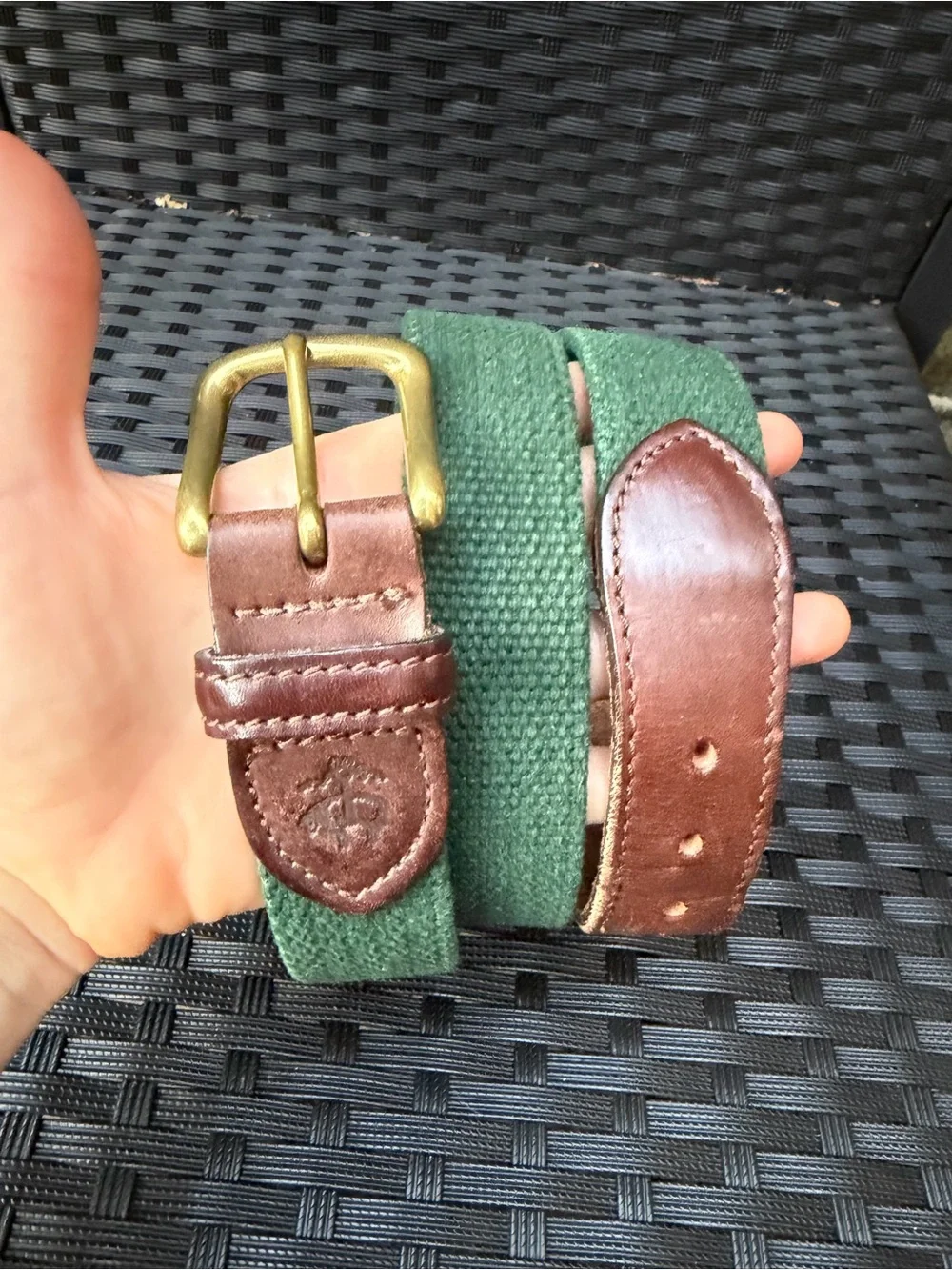 Vintage Rare Brooks Brothers Green Canvas Leather Belt Solid Brass Buckle 42”